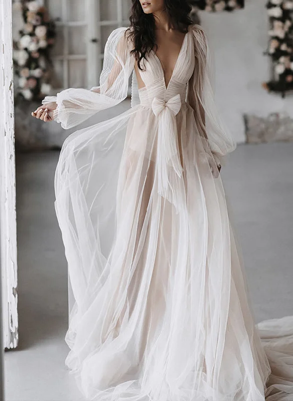 A-Line/Princess V-Neck Floor-length Wedding Dress