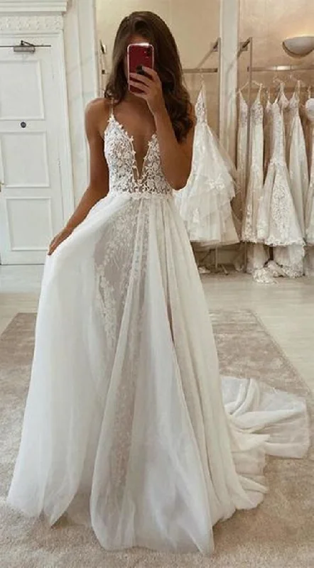 A Line V Neck Ivory Lace Long Prom Wedding Dress with High Slit, Ivory Lace Formal Dress, White Evening Dress KS6741