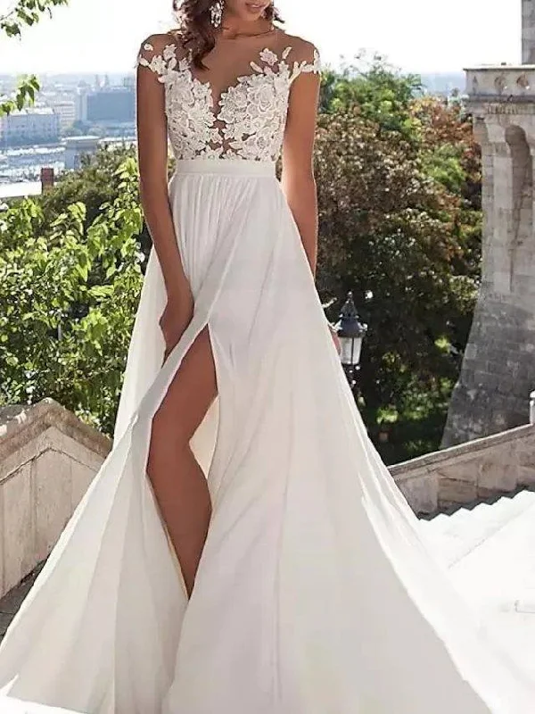 A-Line Wedding Dresses Jewel Neck Sweep / Brush Train Lace Stretch Satin Cap Sleeve Casual Beach Boho Plus Size with Draping Appliques