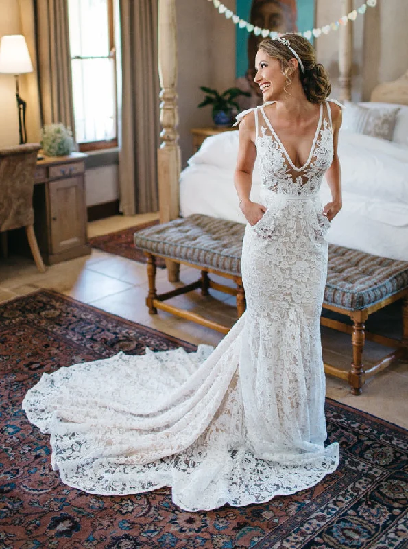 Sexy V-neck Lace Beach Mermaid Wedding Dress With Train