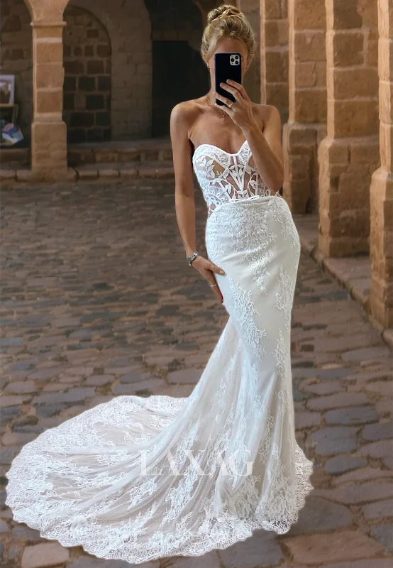 Sleeveless Sweetheart Chapel Train Trumpet&Mermaid Applique Tulle Strapless Wedding Dress