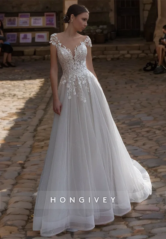 HONGIVEY Backless Wedding Dresses Lace Applique Off-Shoulder A-Line Bride Dress