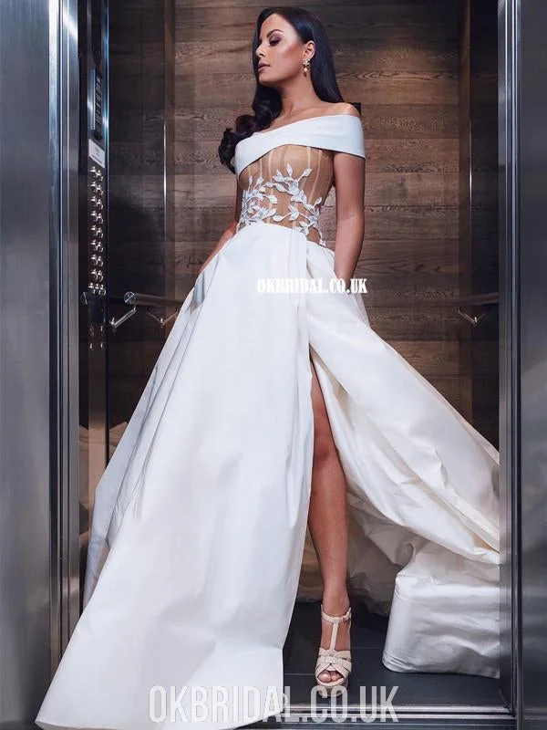 Elegant A-line Off Shoulder Backless Slit Satin Wedding Dresses, FC3916