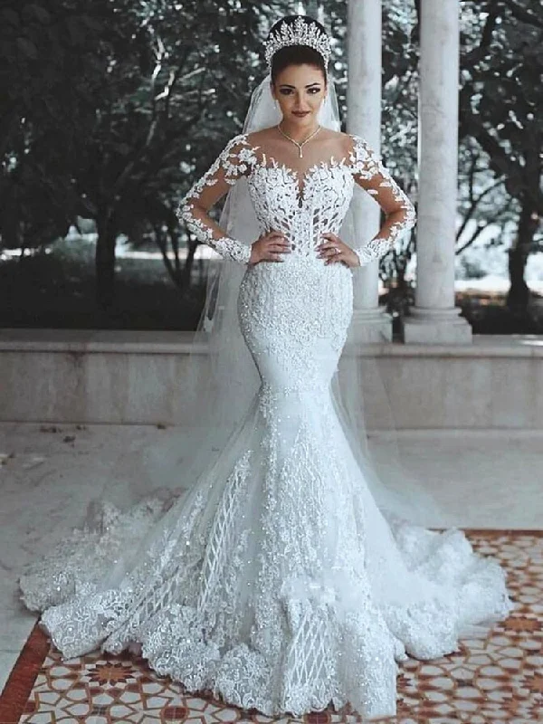 Wedding Dress Mermaid Illusion Bodice vestido de noiva Long Sleeve