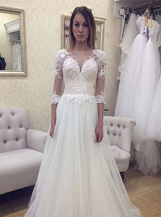 V Neck Lace Appliques 3/4 Sleeve Open Back Wedding Dresses OW679