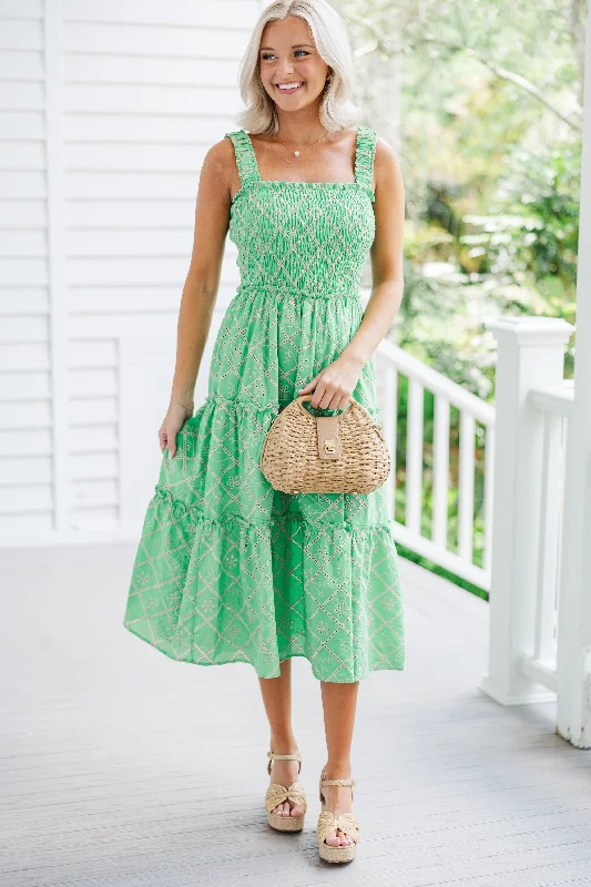 Here To Stay Green Eyelet Midi Dress