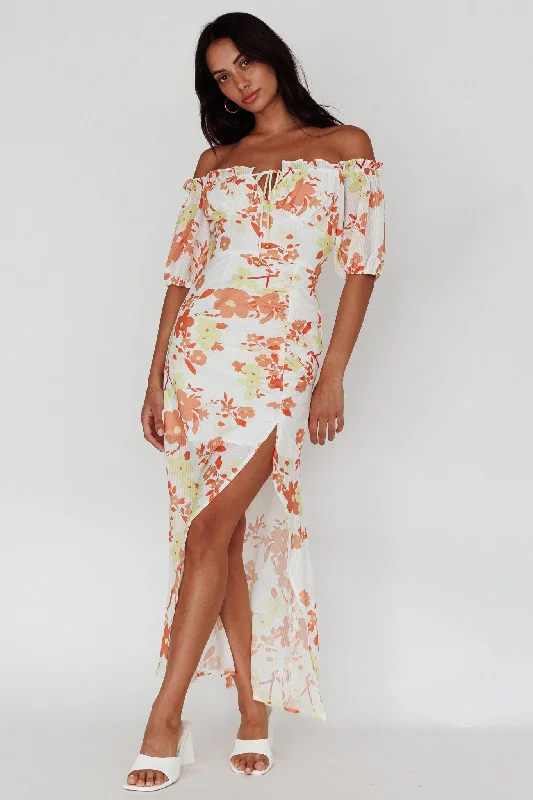 Jalynn Off-Shoulder Split Midi Dress Floral Orange