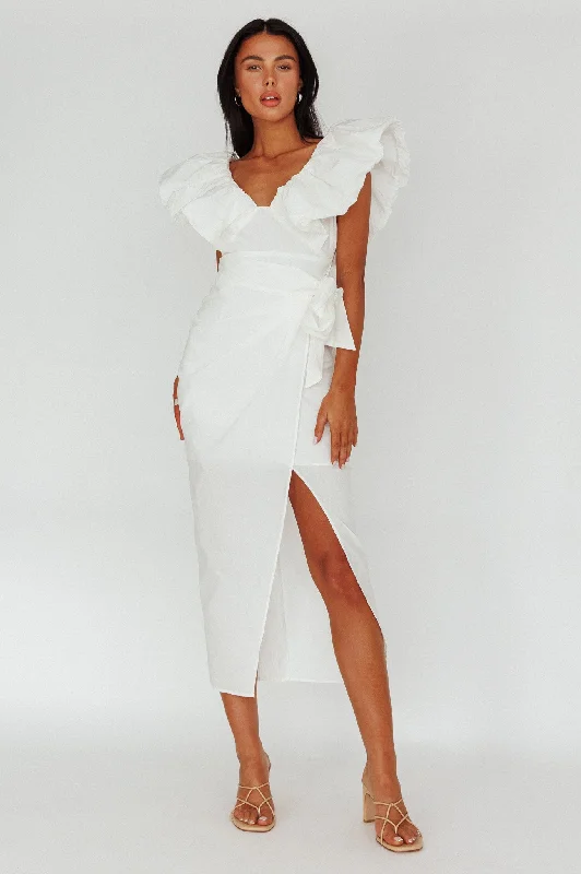 Kahlo Ruffle Neckline Wrap Midi Dress White