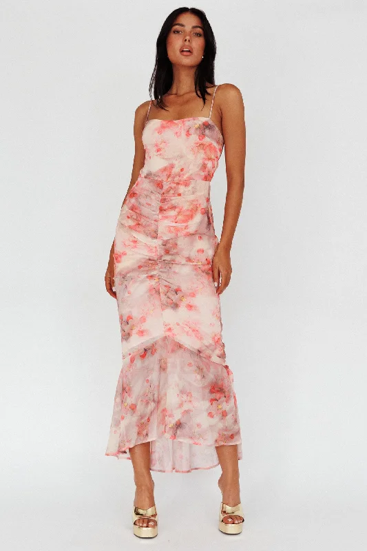 Sayna Ruched Front Midi Dress Floral Pink