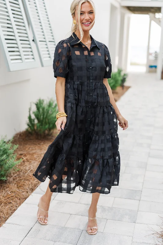 So Worth It Black Textured Button Down Midi Dress