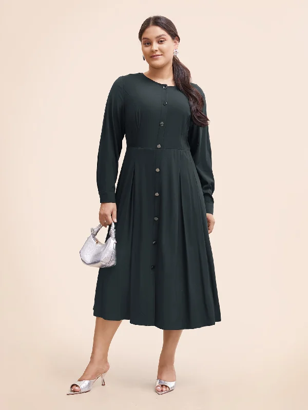 Stretch Woven Button Pleated Midi Dress