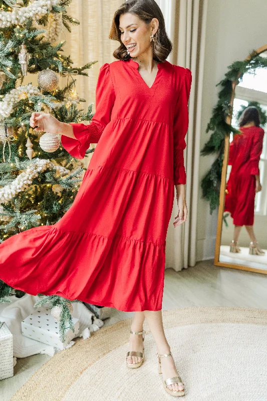 What A Surprise Red Ruffled Midi Dress