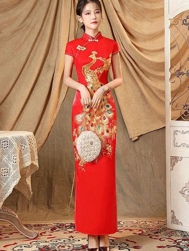 Gold Phoenix Maxi Wedding Cheongsam Qi Pao Dress