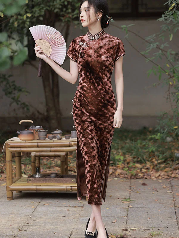 Green Brown Velvet Maxi Cheongsam Qipao Dress