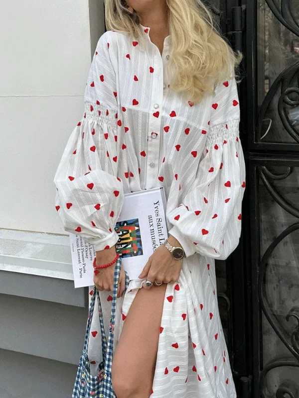 Lantern Sleeve Heart Print Floral Maxi Dress