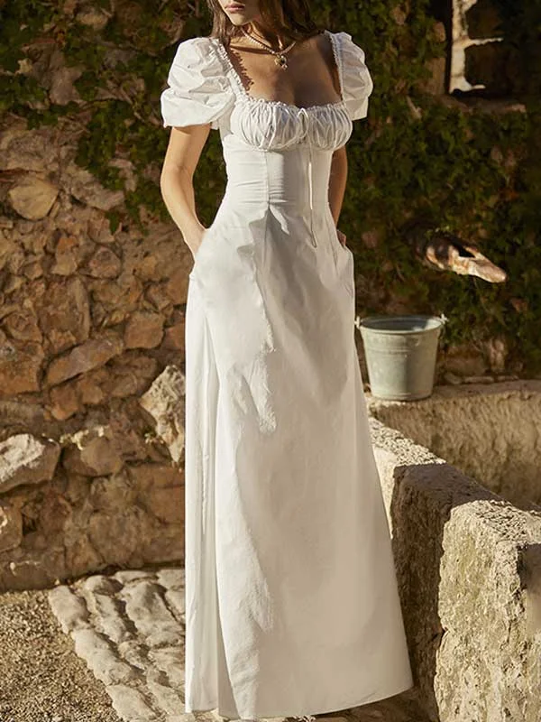 Puff Sleeve Solid White Long Dress