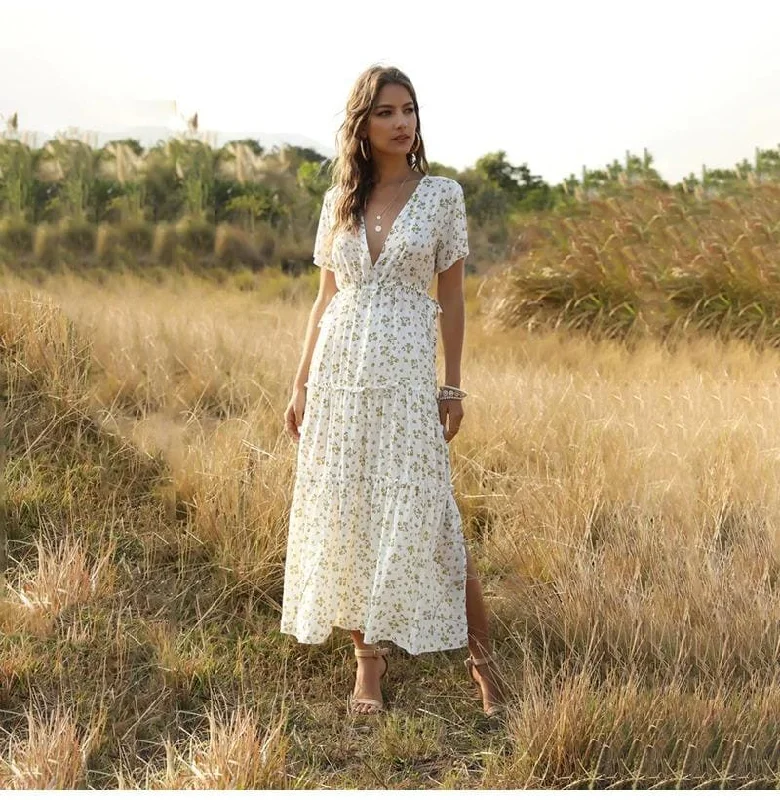 Women's Short Sleeve Boho Flower Maxi Dress