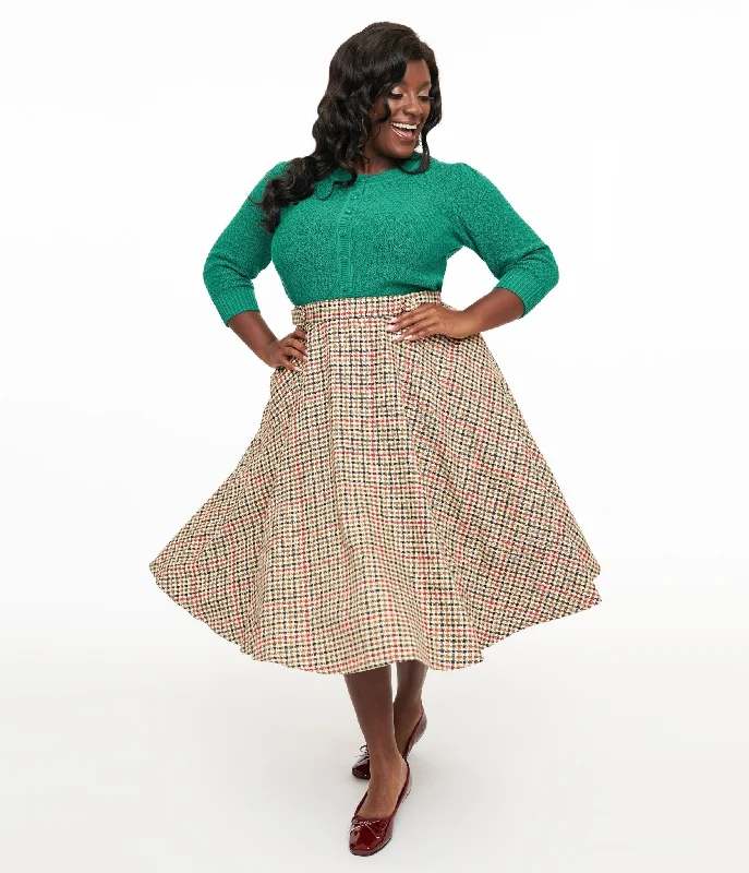 Royal Monk Plus Size 1950s Beige & Black Check Hilda Swing Skirt