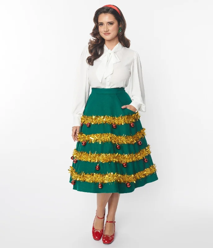 Unique Vintage Green & Gold Tinsel & Ornament Soda Shop Swing Skirt