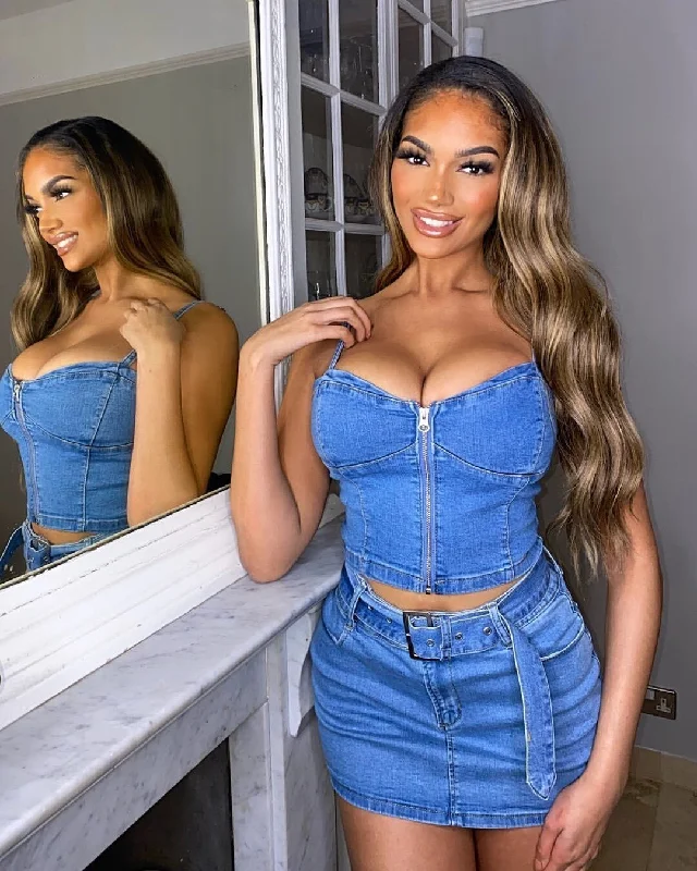 Znbbw Blue Denim Two Pieces Skirts Sets Women Jeans Streetwear Low Cut Straps Bustier Crop Tops+Mini Bodycon Skirts Club Sets