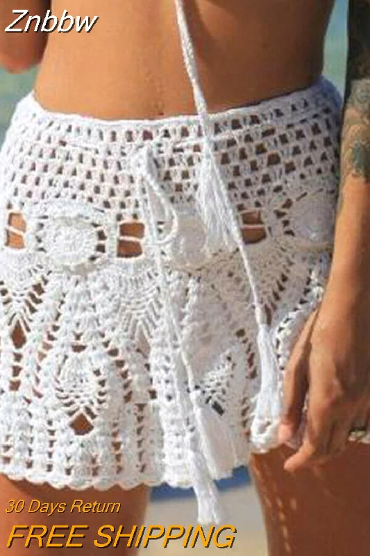 Znbbw Color Handmade Cotton Knitted Crochet Mini Skirts Women Summer Hollow Out High Waist Beach Skirt White Bottoms 2023