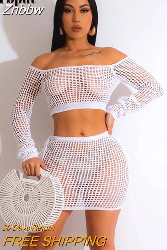 Znbbw Knitted Hollow-out Two-piece Set Sexy Women Long Sleeve Crop Top Slim Mini Skirt Outfit Summer Beach Holiday Sunscreen Suit