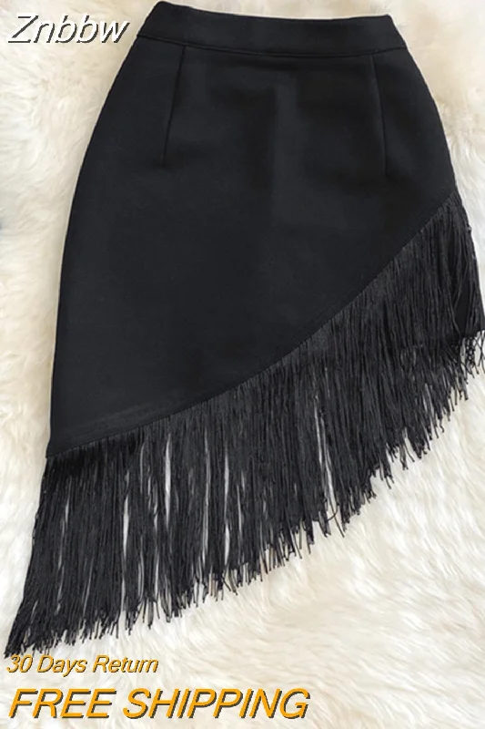 Znbbw Waist Fringed Short Skirt Women's Summer 2023 New Style Black Irregular Elastic Hip Skirt Anti-glare Skirt KK1744