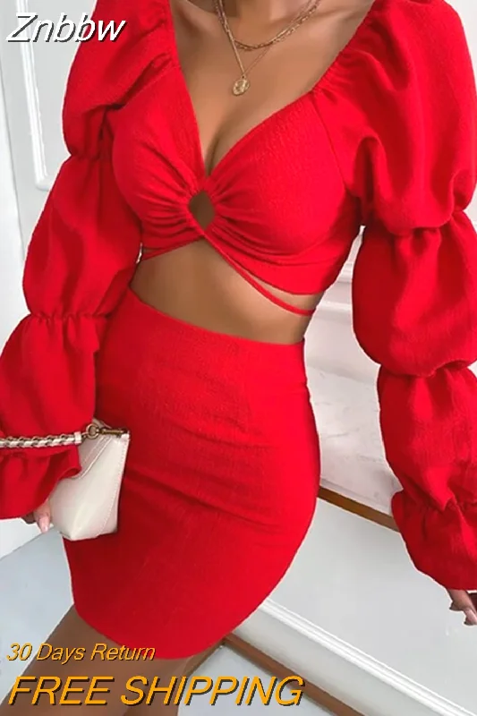 Znbbw Women Two-Piece Skirt Suits Chic Spring Summer Puff Long Sleeve Cutout Tie Up Crop Tops+Wrap Mini Skirts Party Outfits