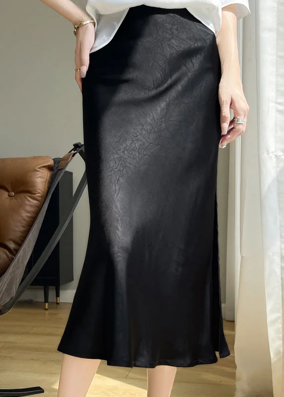 French Black High Waist Silk Maxi Skirts