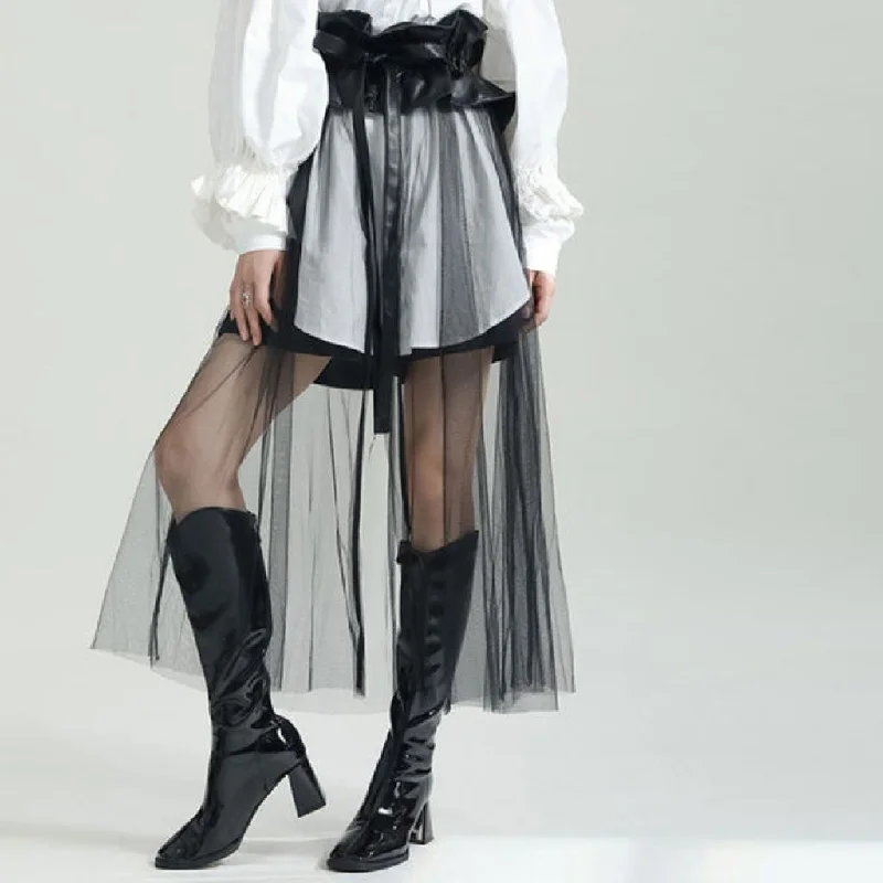 High Waist Black PU Leather Ruffles Mesh Long Elegant Half-body Skirt