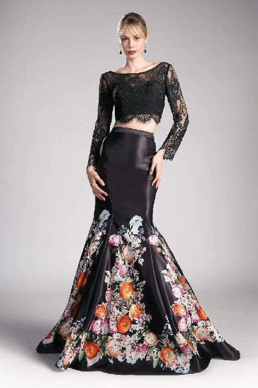 Cinderella Divine KC1800 Long Sleeve Two Piece Floral Mermaid Prom Gown