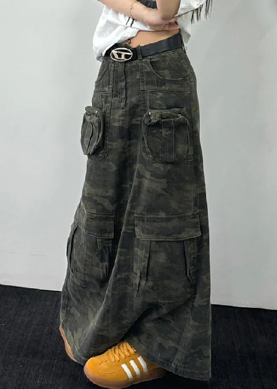 Original Design Camouflage Pockets Denim Maxi Skirts Fall