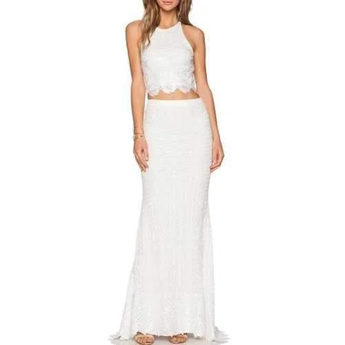 Sexy Style Jewel Neck Cross Backless Crop Top + Long Skirt For Women - White M