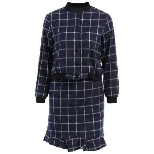 Fashionable Stand-Up Collar Plaid Long Sleeve Coat + Skirt For Women - Cadetblue M