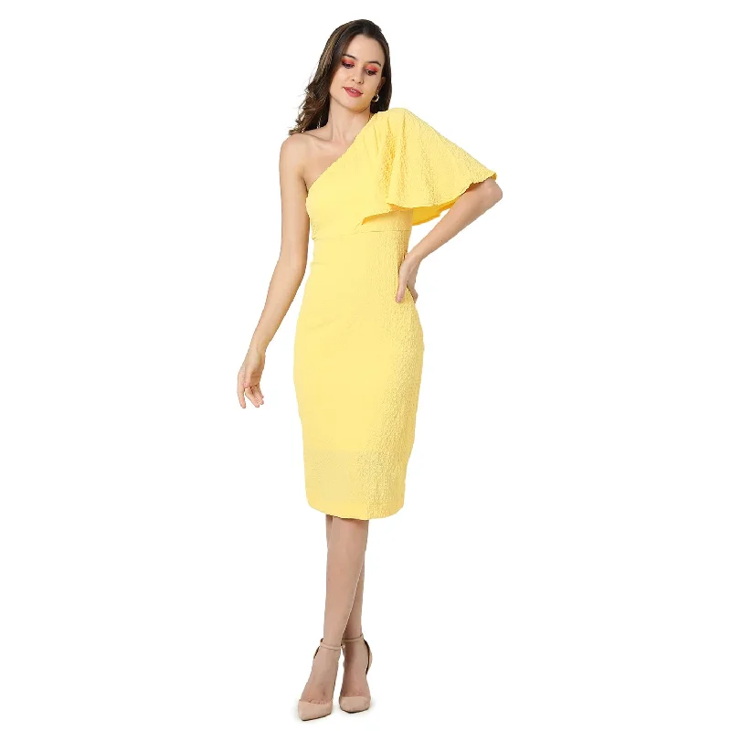 Campus Sutra Women Solid Design Stylish One Shoulder Casual Dresses(SSMR22_CSWSSDR5085_L) Yellow