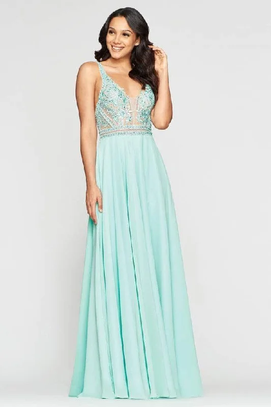 Faviana - S10414 Applique Deep V-neck Chiffon A-line Dress