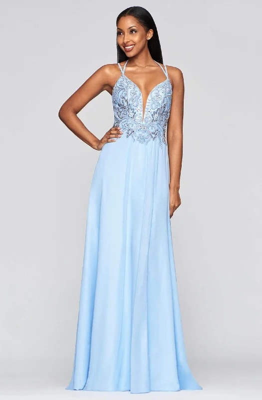 Faviana - S10416 Beaded Deep V-neck Chiffon A-line Dress