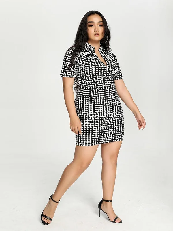 Houndstooth Zipper Collar Dress