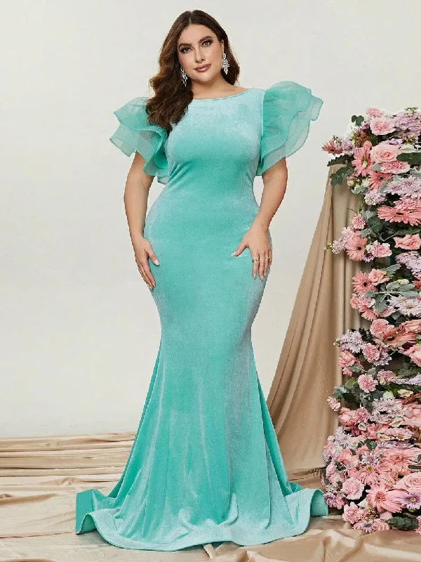 Plus Organza Ruffle Sleeve Velvet Mermaid Dress