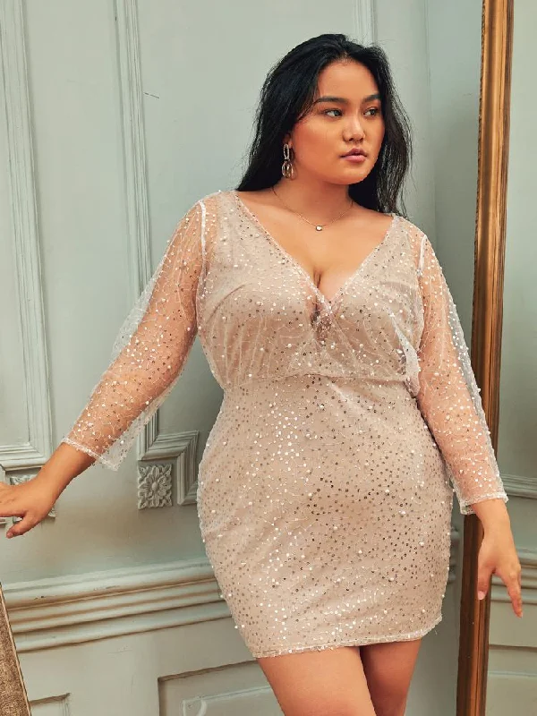 Rhinestone Mesh V Neck Dress