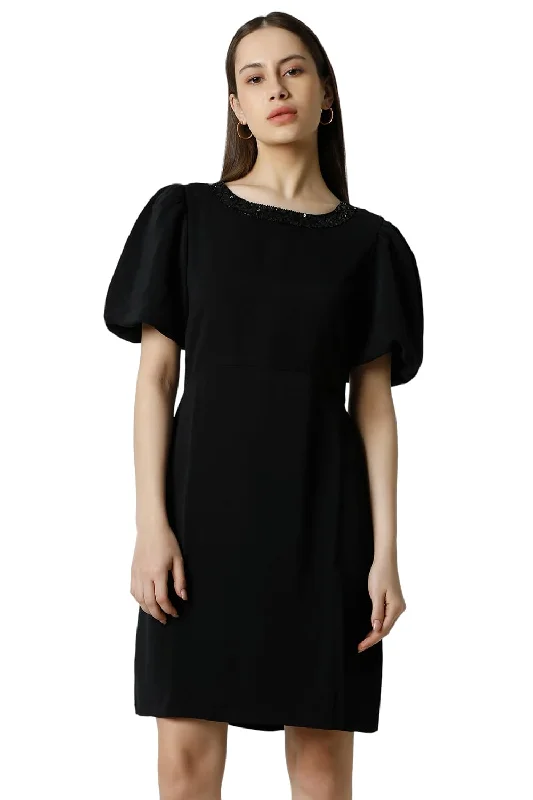 Van Heusen Women's Polyester Asymmetrical Knee-Length Dress (VWDRERGF073859_Black