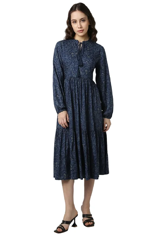 Van Heusen Women's Viscose Asymmetrical Knee-Length Dress (VWTUNRGPO84898_Navy