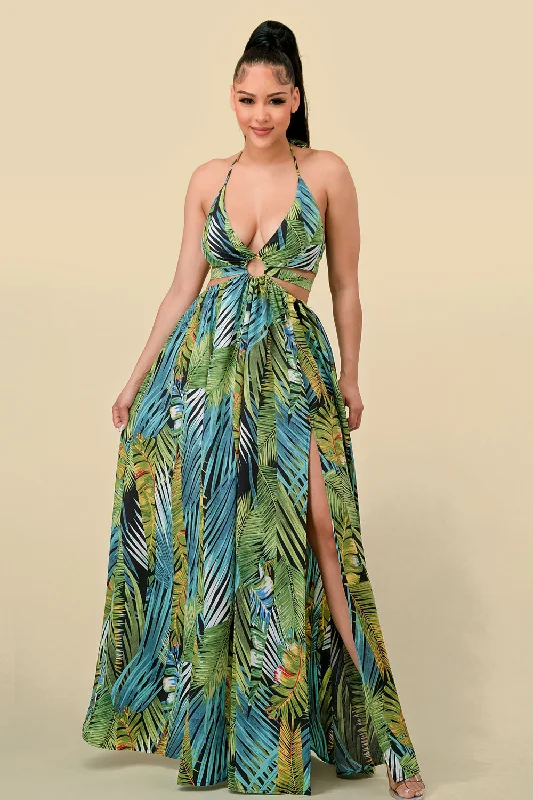 Long Halter Tropical Print Slit Dress