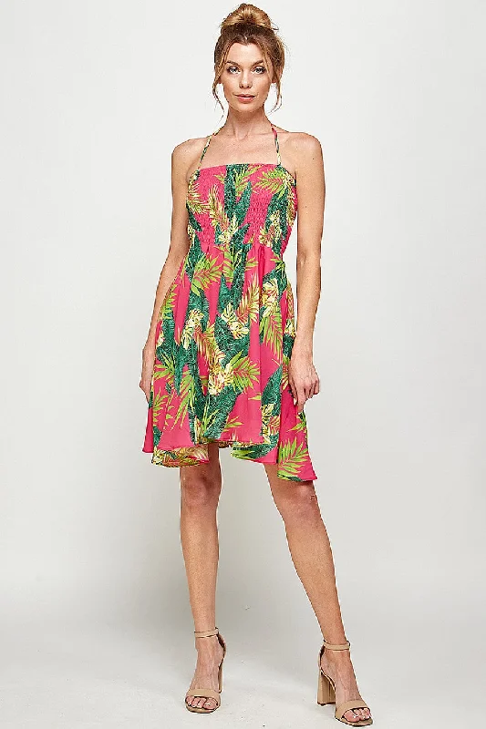 Short Halter Neck Tropical Print Dress