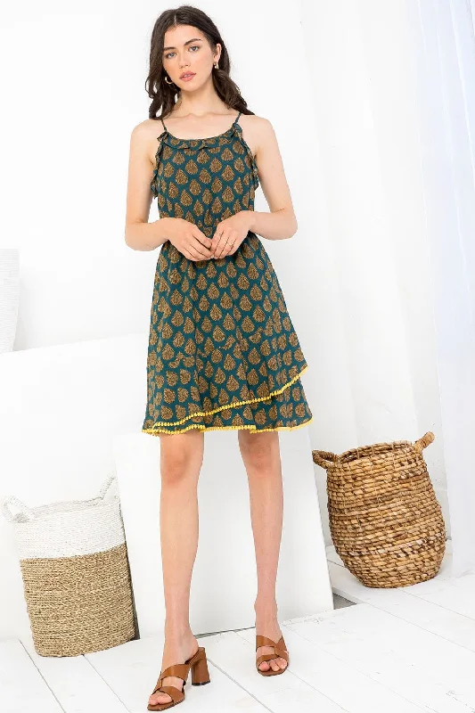 Short Leaf Print Ruffle Dress