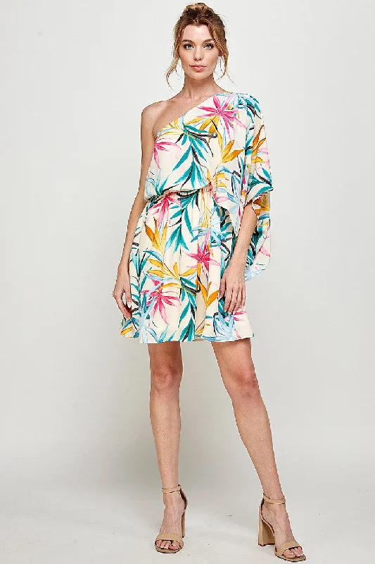 Short One Shoulder Tropical Print Dress