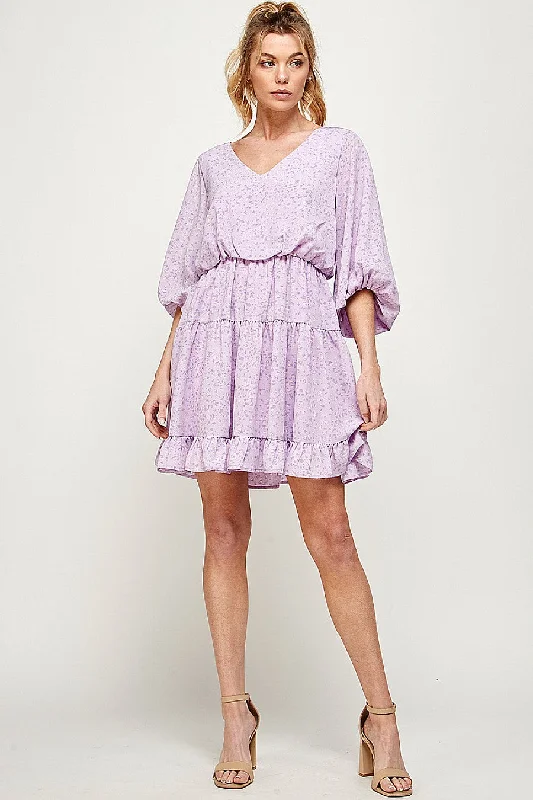 Short Printed Ruffled 3/4 Sleeve Dress