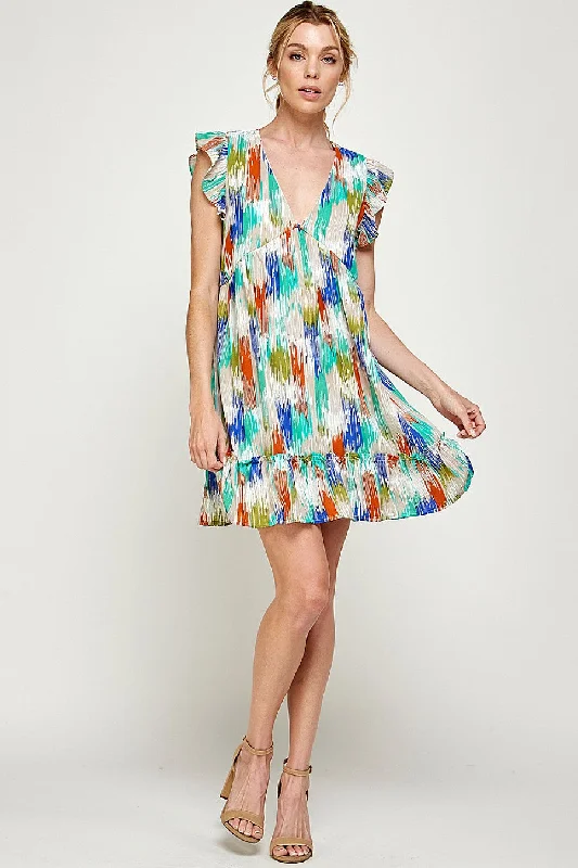 Short Sleeveless Brushed Print Ruffled Dress