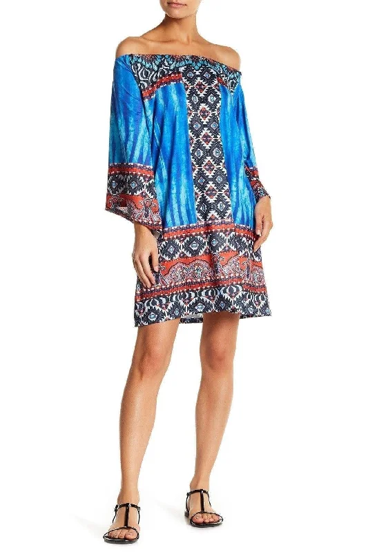 Women's Off Shoulder Floral Tribal Print Shift Summer Beach Vacation Dress