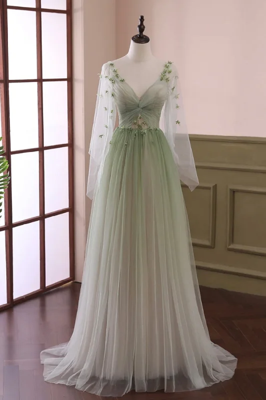 Beautiful Gradient Tulle Green Long Sleeves Prom Dress, Green Evening Formal Dresses